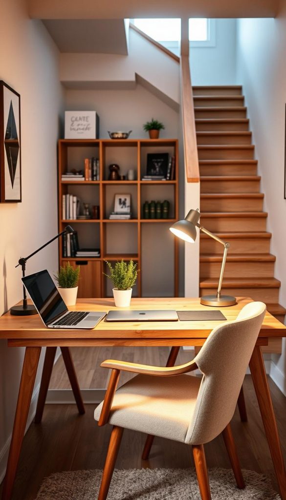 A cozy and stylish flur desk set-up in a small home office, featuring a minimalist wooden desk with warm, inviting tones. The desk is adorned with a laptop, a small potted plant, and a stylish desk lamp casting a soft glow. In the foreground, a comfortable chair complements the desk, blending modern design with rustic charm. The middle ground showcases a neatly organized space with shelves holding books and decorative items, creating an aesthetically pleasing environment. The background includes a staircase leading to an upper level, subtly suggesting a welcoming transition area. The overall atmosphere is warm and inspiring, evoking a Pinterest-inspired winter vibe. The image should embody the brand KlickKiste, emphasizing practical and stylish solutions for small spaces, with soft, natural lighting that enhances the inviting feel.