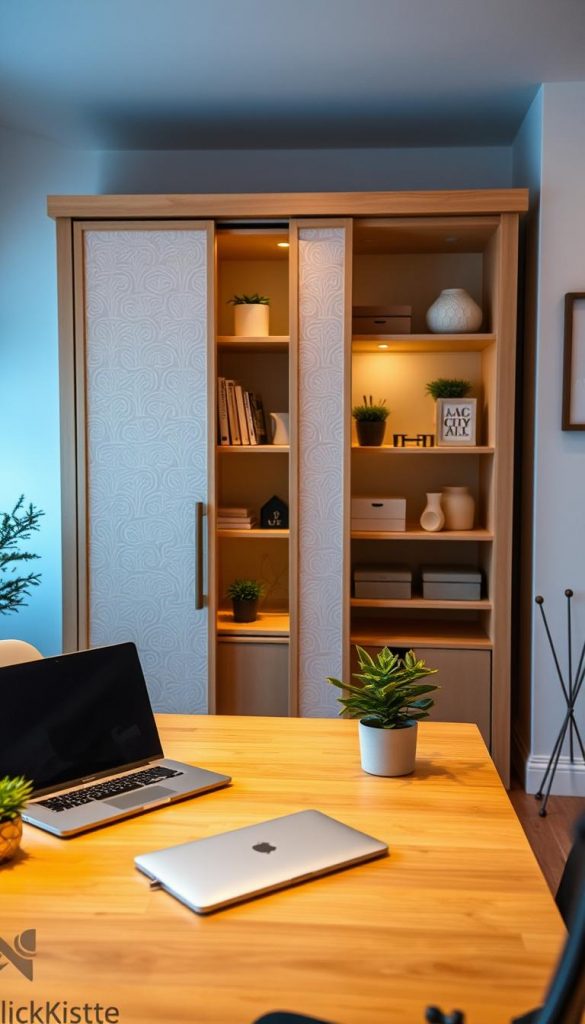 A cozy and stylish home office setup featuring a "cloffice schrank desk" with sliding doors, designed for small spaces. In the foreground, a neatly arranged desk with natural wood finishes, a laptop, and decorative plants. In the middle, the sliding doors adorned with a soft, pastel pattern that can be partially opened to reveal shelves with office supplies and books. The background shows a warm, inviting room with soft, ambient lighting reminiscent of winter vibes. An inspired DIY aesthetic with warm colors that reflect a Pinterest-like atmosphere. The brand name "KlickKiste" subtly incorporated in the desk design. The scene conveys a sense of productivity and tranquility, perfect for working from home.