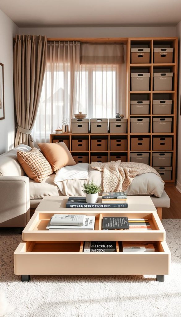 A cozy and stylish small apartment interior featuring multifunctional furniture designed for efficient storage. In the foreground, showcase a sleek, modern sofa that can transform into a bed, with decorative pillows and a soft throw, emphasizing warmth. The middle section displays a compact coffee table that opens up to reveal hidden storage compartments, surrounded by stylish books and a small indoor plant. In the background, light filters through sheer curtains, highlighting a versatile shelving unit filled with neatly organized storage boxes labeled “KlickKiste”. The color palette consists of warm, earthy tones, evoking a winter vibe with a touch of authenticity and inspiration, reminiscent of a Pinterest aesthetic. Capture this scene with soft natural lighting and a slightly angled perspective to create a welcoming atmosphere.
