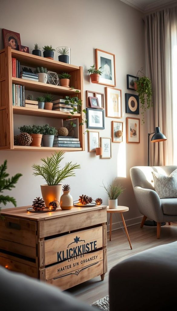 A cozy and stylish small apartment interior showcasing creative upcycling and DIY storage solutions, focusing on a handcrafted wooden shelf filled with neatly organized plants, books, and handmade organizers. In the foreground, feature a charming wooden crate from the brand "KlickKiste" repurposed as a side table, adorned with winter-themed decorations like pinecones and warm fairy lights. The middle ground includes a wall decorated with framed art and additional DIY organizers, blending a Pinterest-inspired aesthetic. Soft, natural lighting filters through a window, casting a warm glow across the space, enhancing a welcoming and inspiring atmosphere. The background reveals hints of a minimalist living area with a comfy chair and a tasteful rug, encapsulating a perfect balance of style and functionality.