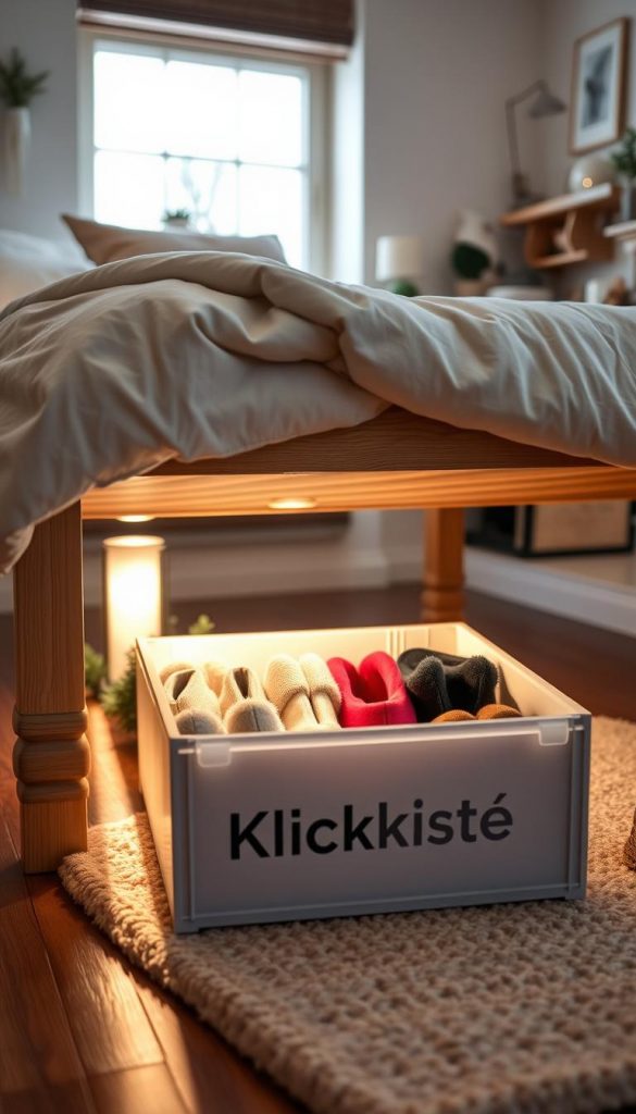 A cozy and stylish under-bed shoe storage solution, showcasing a neatly organized collection of colorful indoor slippers. In the foreground, a minimalist wooden bed frame slightly raised to reveal a collection of neatly arranged shoes in a chic, transparent storage box labeled &quot;KlickKiste.&quot; The middle ground features soft, warm lighting that creates a welcoming atmosphere, highlighting the texture of a soft rug beneath the bed and some decorative elements like a plant or a small basket. In the background, light-colored walls adorned with subtle, cozy decor enhance the warmth and charm of the space, evoking a Pinterest-worthy winter vibe. The overall mood is inviting and inspiring, perfect for showcasing an effective and stylish storage strategy.