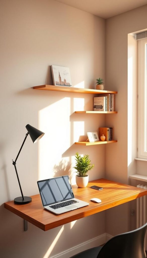 A cozy and stylish wall-mounted desk workspace designed for small spaces, featuring a sleek floating desk from "KlickKiste" with warm wood tones. The foreground showcases a minimalistic setup with a laptop, a potted plant, and a stylish lamp, emphasizing an organized and inviting atmosphere. In the middle, the wall-mounted desk is accented by open shelves displaying books and decorative items, enhancing the DIY aesthetic. The background highlights soft, natural lighting coming from a nearby window, casting warm shadows that create a homey vibe. The overall mood is warm and inspiring, perfect for showcasing a functional yet aesthetically pleasing workspace suitable for small home offices.