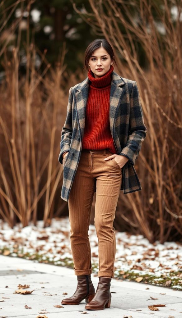 A cozy and stylish winter ensemble set against a warm, natural backdrop. In the foreground, a chic plaid blazer with structured shoulders and tailored lines, crafted from soft, premium wool. The mid-ground features a high-neck sweater in a rich, earthy tone, paired with slim-fit corduroy pants in a complementary neutral hue. Underfoot, vintage-inspired leather ankle boots with a slight heel add a touch of timeless elegance. The scene is bathed in soft, diffused lighting, creating a dreamy, Pinterest-inspired aesthetic. Authenticity and inspiration radiate from this carefully curated winter look, perfect for any urban coffee date or evening soiree.