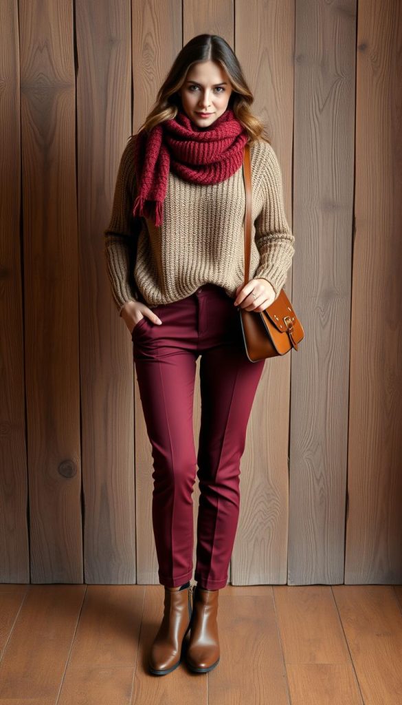 A cozy and stylish winter outfit ensemble on a rustic wooden backdrop with natural textures and warm lighting. A knitted sweater in an earthy tone, paired with tailored high-waisted pants in a rich burgundy hue. Accessorized with a chunky scarf in a complementary shade, a leather satchel, and ankle boots with subtle metallic detailing. The composition features a shallow depth of field, highlighting the outfit details while the background is slightly blurred, creating a sense of intimacy and coziness. The overall mood is inviting, authentic, and Pinterest-inspired, conveying a natural, DIY aesthetic with a touch of winter charm.
