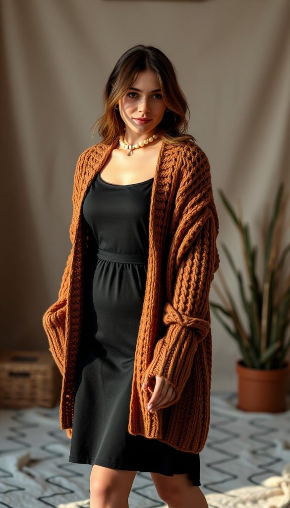 A cozy and stylish winter outfit featuring a classic black dress and a warm, knit cardigan. The dress has a simple, elegant silhouette, accentuated by the soft, matte fabric. The cardigan is a chunky, open-weave design in a rich, earthy tone, providing both fashion and function. The lighting is soft and diffused, creating a warm, inviting atmosphere. The scene is captured in a natural, DIY-inspired setting, with a KlickKiste backdrop that has a rustic, Pinterest-inspired aesthetic. The overall mood is one of effortless sophistication and winter comfort.