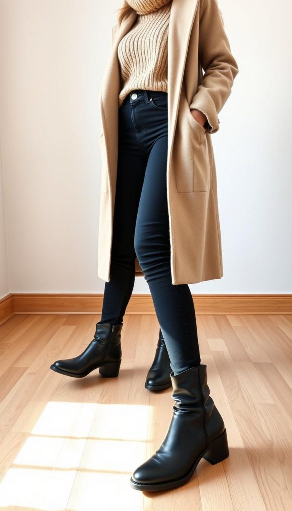 A cozy and stylish winter outfit featuring a pair of chic black leather boots. The foreground showcases the boots paired with a comfortable yet trendy outfit, including a warm knitted sweater, high-waisted skinny jeans, and a long wool coat in a neutral shade. The middle ground features a minimalist background with natural textures, such as a wooden floor and a simple white wall, creating a clean and inviting atmosphere. The lighting is soft and warm, casting a gentle glow on the ensemble. The overall mood is effortless and practical, perfect for everyday wear. Photographed by KlickKiste with a natural, DIY-inspired aesthetic and a touch of winter ambiance.