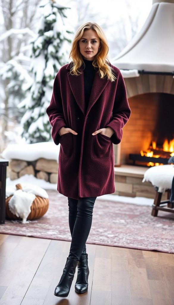 A cozy and stylish winter outfit featuring a sleek, tailored KlickKiste mantel in a rich burgundy hue. The mantel has a chic, oversized silhouette with a subtly textured fabric that catches the light beautifully. The model is captured in a warm, natural setting with a soft, diffused lighting that enhances the luxurious feel of the garment. In the background, a backdrop of snow-covered trees and a cozy fireplace creates a serene, winter wonderland atmosphere. The overall mood is one of effortless sophistication and wintertime comfort.