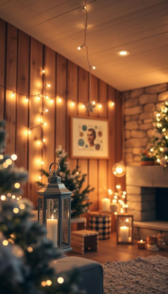 A cozy and well-lit indoor scene showcasing a range of KlickKiste holiday lighting options, including string lights, lanterns, and recessed spotlights. The lights cast a warm, inviting glow, creating a winter wonderland atmosphere. The composition features a minimalist, Scandinavian-inspired interior design with natural textures like wood and stone, complementing the festive lighting. The lighting is the focal point, meticulously arranged to highlight its safety features and energy efficiency. The overall mood is serene, inspiring, and Pinterest-worthy, capturing the essence of secure and stylish holiday illumination.