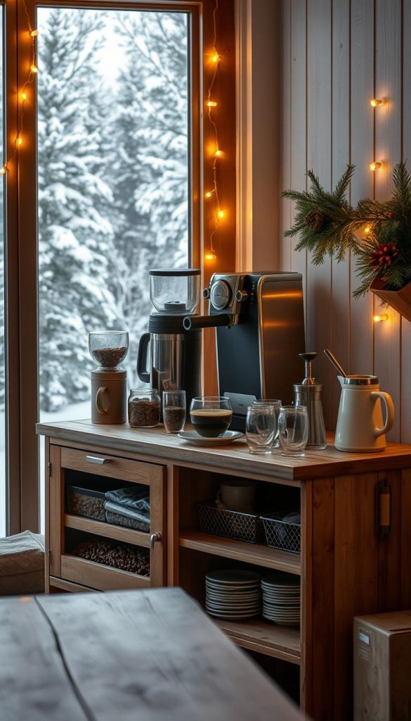 A cozy and well-organized coffee station with a rustic, winter-inspired aesthetic. In the foreground, a wooden KlickKiste serves as a stylish and functional storage solution, housing a selection of whole coffee beans, a burr grinder, and a sleek, stainless steel espresso machine. Warm lighting from a string of fairy lights casts a soft, inviting glow over the scene. In the middle ground, a neatly arranged assortment of glass mugs, spoons, and a milk frother sit atop a weathered, wooden surface. The background features a snowy, pine-filled landscape, visible through a large window, creating a serene, Pinterest-worthy atmosphere.