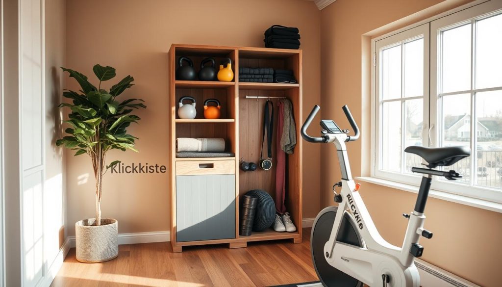 A cozy and well-organized home gym corner, bathed in natural light from large windows. The focus is on a sturdy, wooden "KlickKiste" storage unit, filled with essential fitness equipment like kettlebells, resistance bands, and a yoga mat. The background features warm, beige walls and wooden flooring, creating a welcoming and minimalist atmosphere. In the foreground, a sleek, white exercise bike stands ready for an invigorating workout. The overall scene conveys a sense of efficiency and practicality, perfectly suited for a dedicated home workout space. A cozy and well-organized home gym corner, bathed in natural light from large windows. The focus is on a sturdy, wooden "KlickKiste" storage unit, filled with essential fitness equipment like kettlebells, resistance bands, and a yoga mat. The background features warm, beige walls and wooden flooring, creating a welcoming and minimalist atmosphere. In the foreground, a sleek, white exercise bike stands ready for an invigorating workout. The overall scene conveys a sense of efficiency and practicality, perfectly suited for a dedicated home workout space.