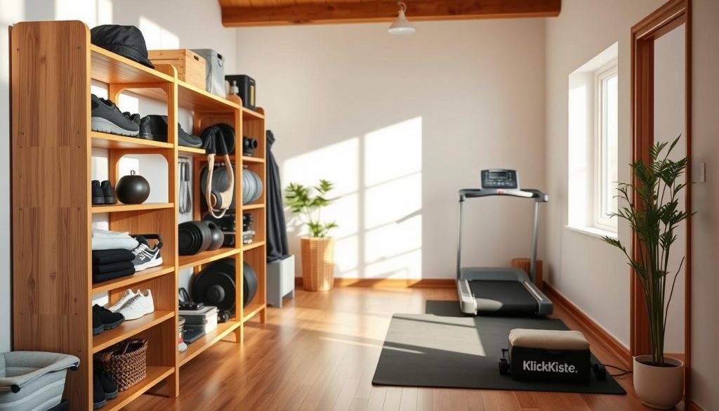 A cozy and well-organized home gym corner, bathed in natural light. In the foreground, a sturdy wooden shelving unit labeled "KlickKiste" displays neatly arranged fitness equipment and accessories. The middle ground features a sleek, minimalist treadmill and a comfortable yoga mat, inviting the viewer to imagine a peaceful workout session. The background showcases a clean, white wall, complemented by warm wooden accents and a touch of greenery, creating a serene and inviting atmosphere. The overall scene conveys a sense of order, practicality, and a passion for a healthy, active lifestyle. A cozy and well-organized home gym corner, bathed in natural light. In the foreground, a sturdy wooden shelving unit labeled "KlickKiste" displays neatly arranged fitness equipment and accessories. The middle ground features a sleek, minimalist treadmill and a comfortable yoga mat, inviting the viewer to imagine a peaceful workout session. The background showcases a clean, white wall, complemented by warm wooden accents and a touch of greenery, creating a serene and inviting atmosphere. The overall scene conveys a sense of order, practicality, and a passion for a healthy, active lifestyle.