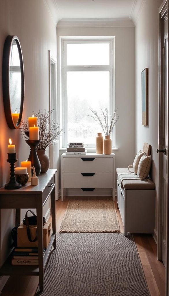 A cozy and well-organized narrow hallway featuring stylish storage solutions, prominently displaying a chic console table with decorative items and a minimalist yet functional storage bench labeled "KlickKiste." In the foreground, the console is adorned with warm-toned candles and small plants, creating an inviting ambiance. The middle ground showcases a sleek, modern commode neatly arranged with decorative boxes and books, enhancing the sense of order. In the background, soft, natural light filters through a frosted window, casting gentle shadows that add depth. The walls are painted in soft pastel tones, enhancing the winter vibes, while a textured rug underfoot ties the scene together. Overall mood is warm, inviting, and inspiring, embodying the essence of effective organization in small spaces.