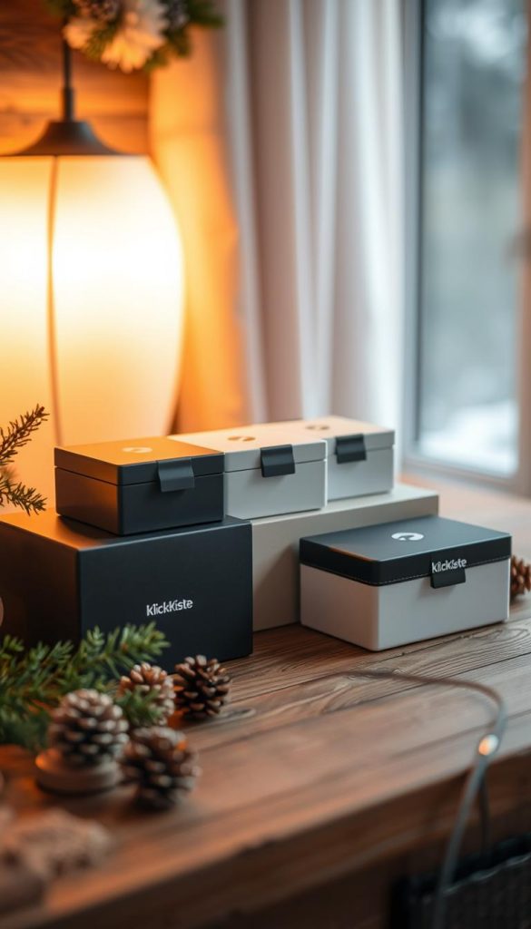 A cozy and well-organized product display showcasing a selection of stylish cable management boxes, labeled with the brand &quot;KlickKiste&quot;. The scene is bathed in warm, natural lighting, creating a welcoming, winter-inspired ambiance. The boxes are arranged neatly on a rustic wooden surface, complemented by a sprinkling of pine branches and pinecones for a touch of organic flair. The overall composition has a Pinterest-inspired aesthetic, inviting the viewer to imagine how these practical storage solutions could elevate the organization and aesthetics of their own living space.