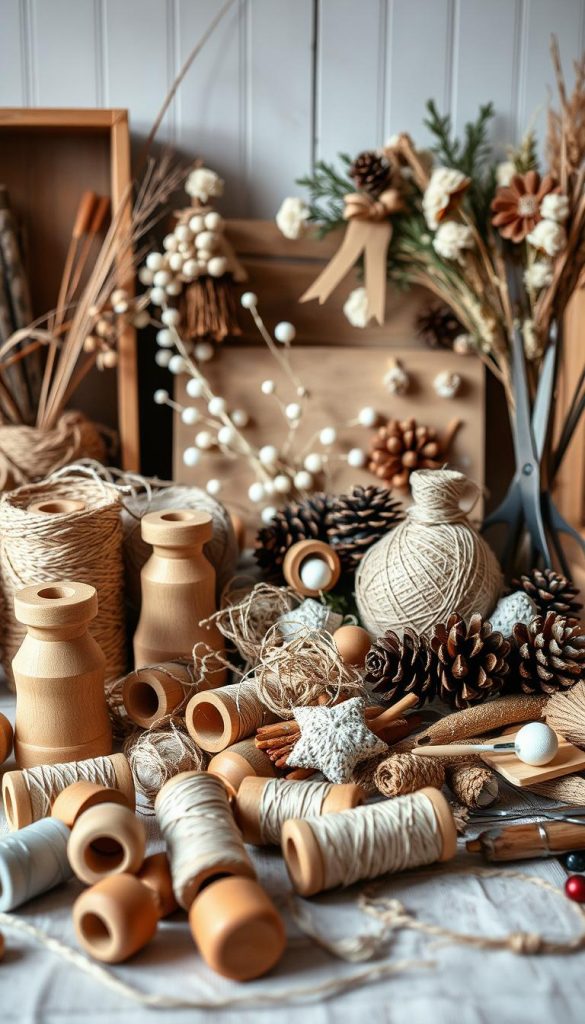 A cozy and well-stocked crafting workspace, with a selection of natural materials arranged in an inviting still life. The foreground features an assortment of wooden spools, twine, scissors, and other sewing essentials, while the middle ground showcases an array of pinecones, dried flowers, and holiday-inspired embellishments. The background subtly evokes a rustic, winter-inspired ambiance with soft lighting and a muted, earthy color palette. The overall mood is warm, inviting, and brimming with creative potential, reflecting the spirit of a DIY holiday project.