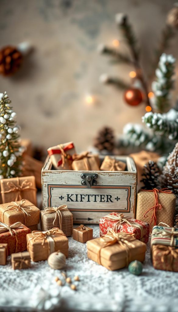 A cozy and whimsical scene showcasing a collection of miniature gifts, handmade with love and care. The foreground features a variety of tiny wrapped presents in warm, natural tones, arranged with rustic charm. In the middle ground, a vintage-inspired KlickKiste box serves as a charming display, hinting at the delightful surprises within. The background evokes a serene winter setting, with soft lighting and a touch of snowy ambiance, creating an inviting and Pinterest-worthy atmosphere. The overall composition exudes a sense of warmth, authenticity, and pure delight - a perfect representation of the &amp;amp;quot;Stocking Stuffers Mini-Geschenke&amp;amp;quot; section.