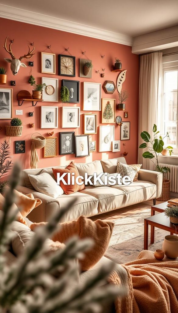 A cozy apartment interior showcasing innovative adhesive wall hooks in various stylish arrangements. In the foreground, highlight a beautifully designed living space, featuring a colorful wall adorned with different types of hooks holding decorative items like plants, frames, and art pieces. The middle ground should display a trendy sofa with soft pillows, a coffee table with a warm drink, and scattered decorative accessories that enhance the inviting atmosphere. In the background, a window allows natural light to pour in, creating a warm, inviting glow that captures a serene winter vibe. The color palette should be warm and earthy, embodying a Pinterest-inspired aesthetic. The brand name "KlickKiste" subtly integrated into the decor enhances the authenticity and inspirational nature of the scene.