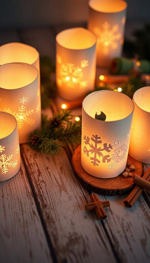 A cozy arrangement of Christmas-themed paper lanterns crafted from repurposed toilet paper rolls. The lanterns are illuminated by warm, flickering LED lights, creating a soft, inviting glow. The delicate paper surfaces are decorated with intricate snowflake patterns, adding a touch of winter whimsy. The lanterns are positioned on a rustic wooden surface, surrounded by pine sprigs, cinnamon sticks, and other natural, seasonal accents. The overall scene exudes a charming, homemade aesthetic, evoking a sense of festive nostalgia and DIY inspiration. Soft, diffused lighting casts gentle shadows, contributing to the intimate, inviting atmosphere.