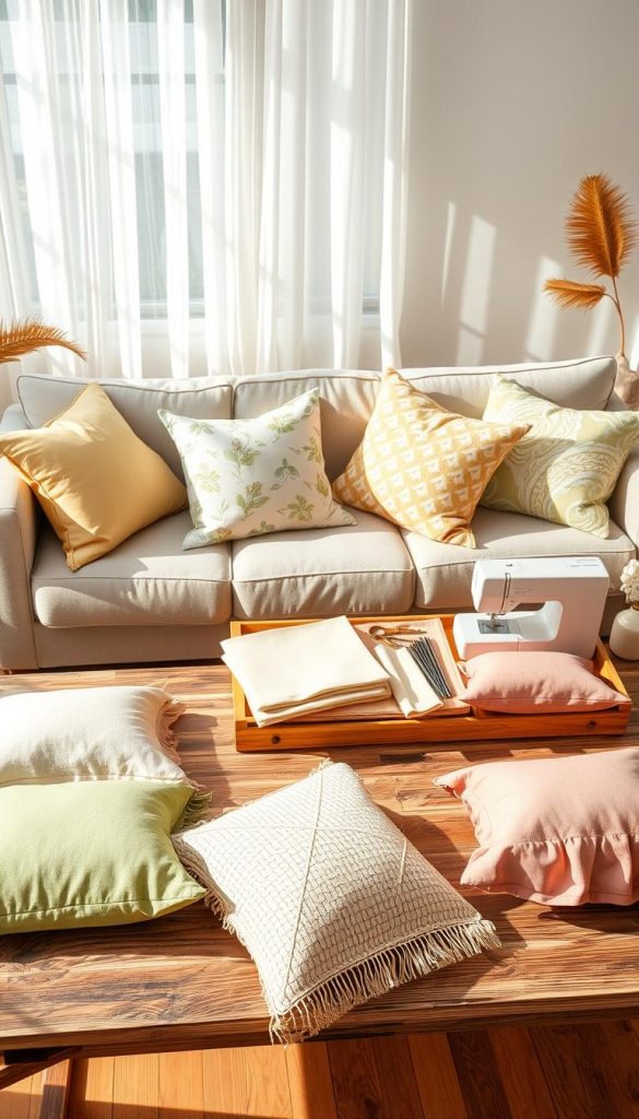 A cozy arrangement of beautifully designed DIY pillow covers featuring soft fabrics and natural materials, showcasing both budget-friendly and sustainable styles. In the foreground, an inviting sofa adorned with a mix of vibrant, patterned covers in warm spring colors like pastel greens, yellows, and blush tones. In the middle, a rustic wooden coffee table displays fabric swatches, sewing tools, and a few freshly crafted covers, emphasizing the DIY aspect. The background features a bright, airy room with sunlight filtering through sheer curtains, casting gentle shadows that enhance the inviting atmosphere. This image, created with a warm color palette, should evoke a sense of comfort and inspiration, embodying the essence of KlickKiste's home decor style.