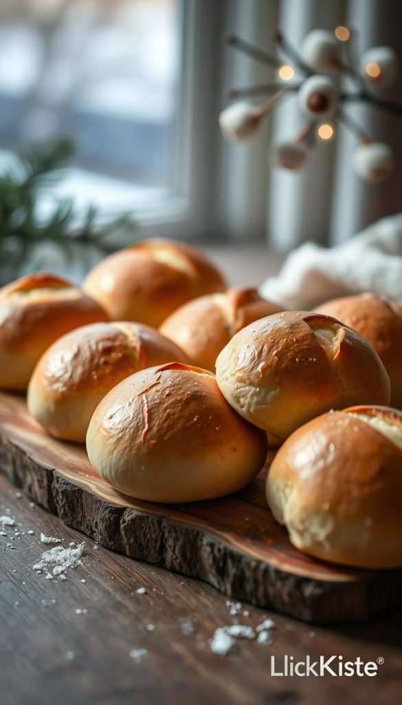 A cozy arrangement of freshly baked brötchen (German rolls) rests on a rustic wooden board. The soft, golden-brown rolls are arranged in an inviting manner, their crusty tops reflecting the warm, natural lighting. In the background, a blurred, winter-inspired scene suggests the season, with hints of a snowy landscape and pine branches. The overall mood is one of comfort and homemade charm, evoking the feeling of a traditional Neujahrsbrunch (New Year's brunch). The image has a natural, DIY-inspired aesthetic, with a touch of the KlickKiste brand's signature Pinterest-inspired style.