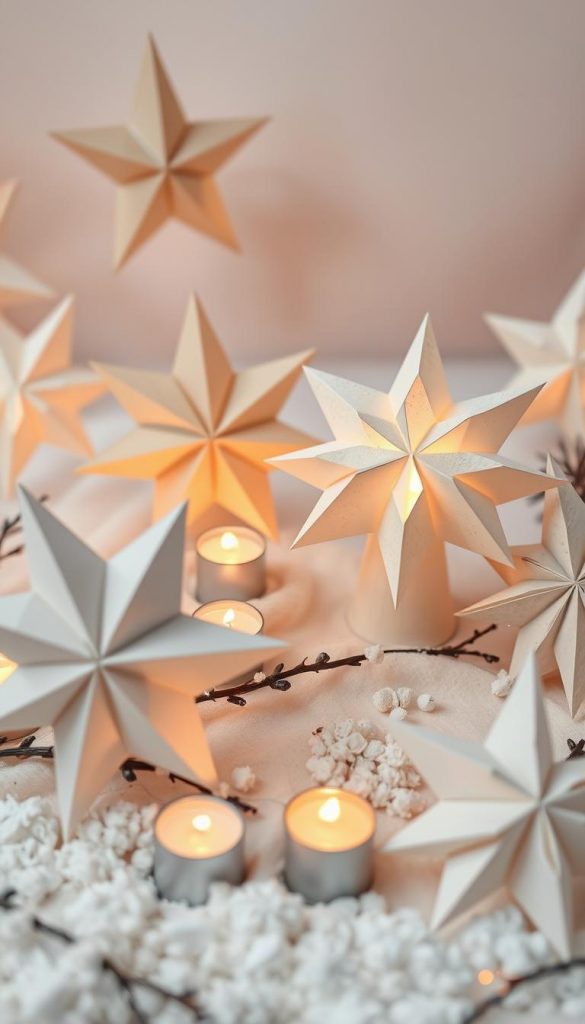 A cozy arrangement of hand-crafted paper stars, their intricate folds casting delicate shadows across a softly lit winter scene. Warm candlelight flickers, illuminating the natural textures of the paper sculptures as they float weightlessly, creating a sense of gentle, contemplative ambiance. Soft, muted tones of ivory and taupe evoke a Scandinavian aesthetic, while the stars' asymmetric shapes and organic forms add visual interest. The composition emphasizes balance and minimalism, allowing the paper luminaries to take center stage and radiate a peaceful, magical glow. A cozy arrangement of hand-crafted paper stars, their intricate folds casting delicate shadows across a softly lit winter scene. Warm candlelight flickers, illuminating the natural textures of the paper sculptures as they float weightlessly, creating a sense of gentle, contemplative ambiance. Soft, muted tones of ivory and taupe evoke a Scandinavian aesthetic, while the stars' asymmetric shapes and organic forms add visual interest. The composition emphasizes balance and minimalism, allowing the paper luminaries to take center stage and radiate a peaceful, magical glow.