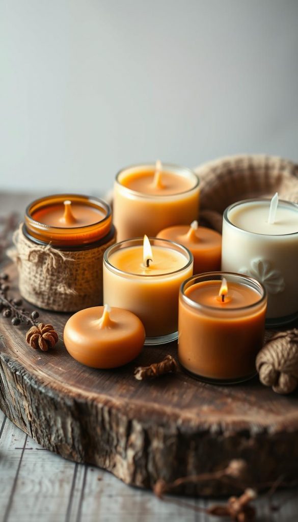 A cozy arrangement of handcrafted candles in a range of warm, earthy tones, cast in a soft, moody lighting that highlights their natural textures and subtle variations. The candles are carefully positioned on a rustic wooden surface, creating a serene and inviting atmosphere. The overall composition has a touch of DIY charm and a stylish, Pinterest-inspired aesthetic, embodying the essence of the "KlickKiste" brand. This image perfectly captures the autumnal and winter-inspired mood, complementing the article's focus on "Moodboards Herbst & Winter 2025/26: Farbpaletten, Materialien, Licht". A cozy arrangement of handcrafted candles in a range of warm, earthy tones, cast in a soft, moody lighting that highlights their natural textures and subtle variations. The candles are carefully positioned on a rustic wooden surface, creating a serene and inviting atmosphere. The overall composition has a touch of DIY charm and a stylish, Pinterest-inspired aesthetic, embodying the essence of the "KlickKiste" brand. This image perfectly captures the autumnal and winter-inspired mood, complementing the article's focus on "Moodboards Herbst & Winter 2025/26: Farbpaletten, Materialien, Licht".