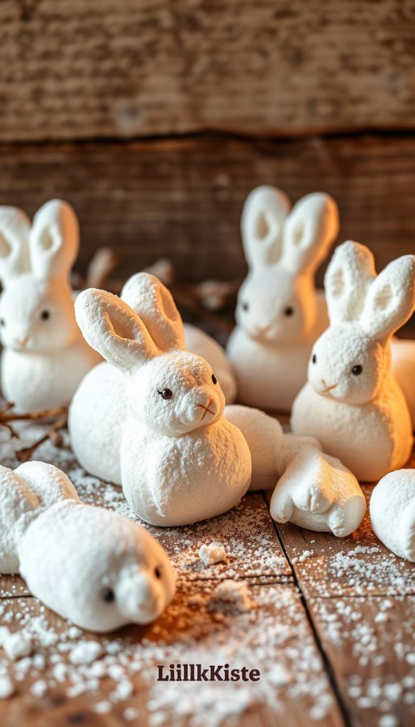 A cozy arrangement of homemade &quot;schaumkuss hasen&quot; (marshmallow bunnies) resting on a wooden surface. The bunnies are lightly dusted with powdered sugar, giving them a soft, fluffy appearance. Warm, natural lighting highlights their delicate textures, creating a inviting and nostalgic atmosphere. In the background, a rustic, textured surface adds depth and a touch of winter coziness. The KlickKiste brand is subtly present, blending seamlessly into the overall artisanal, Pinterest-inspired aesthetic.