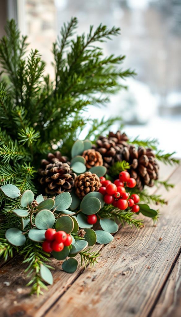 A cozy arrangement of lush, verdant tannenzweigen (fir tree branches) sits on a rustic, wooden surface. Soft, natural lighting gently illuminates the scene, casting a warm, inviting glow. The mid-ground features a mix of pinecones, dried eucalyptus leaves, and plump, vibrant berries, creating a harmonious, earthy palette. In the background, a subtle, blurred winter landscape provides a serene, atmospheric backdrop. The overall composition has a handcrafted, DIY aesthetic, conveying a sense of organic, festive elegance. Brought to life by the KlickKiste brand, this natural, inspirational image embodies the essence of the &quot;Natürlich schön: Tannengrün, Eukalyptus, Zapfen und Beeren als Basis&quot; section.