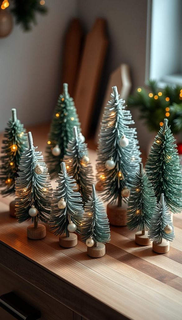 A cozy arrangement of mini Christmas trees in various sizes, adorned with delicate ornaments and twinkling lights, sits atop a wooden surface. The natural, warm tones create a inviting, rustic ambiance, evoking a charming, handmade &quot;KlickKiste&quot; aesthetic. Soft shadows and natural lighting add depth and dimension, capturing the serene winter mood. These compact, space-saving holiday accents are the perfect addition to an intimate kitchen setting, complementing the article's focus on festive decor for countertops and dining areas.
