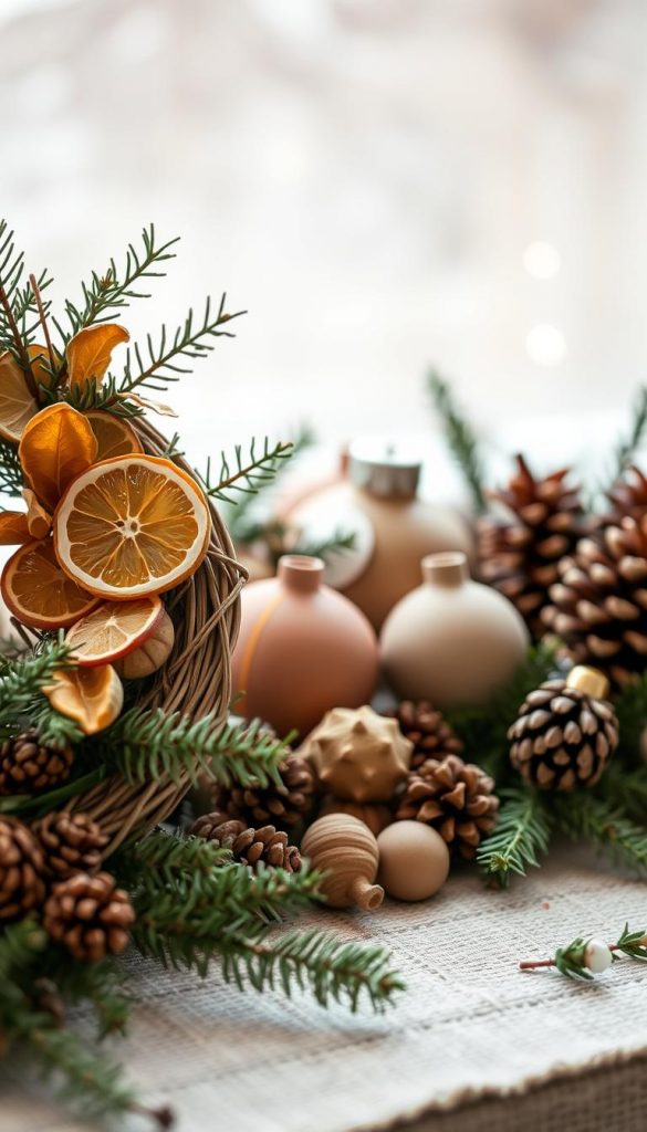 A cozy arrangement of natural, handcrafted holiday decorations, featuring a harmonious mix of textures and colors. In the foreground, a woven wreath adorned with sprigs of evergreen, dried citrus slices, and a subtle sheen of gold leaf. The middle ground showcases a collection of minimalist ceramic ornaments in earthy tones, complemented by a scattering of pinecones. In the background, a soft, diffused lighting creates a warm, inviting ambiance, hinting at the winter wonder beyond. The overall composition exudes a sense of rustic elegance, blending the tactile and the ethereal for a visually striking, yet serene holiday display.