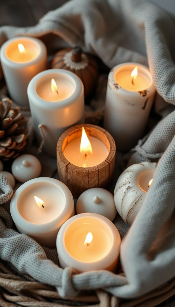 A cozy arrangement of natural, handmade &quot;kerzen&quot; (candles) in various shapes and sizes, nestled amongst textured &quot;holz&quot; (wood) and &quot;leinen&quot; (linen) accents. The soft, flickering light casts a warm, inviting glow, evoking the tranquil ambiance of &quot;advent&quot; (the Christmas season) and the &quot;winterzeit&quot; (wintertime). The scene is captured with a wide-angle lens, showcasing the KlickKiste aesthetic - authentic, inspiring, and in harmony with the &quot;skandi-winterdeko&quot; (Scandinavian winter decor) theme.