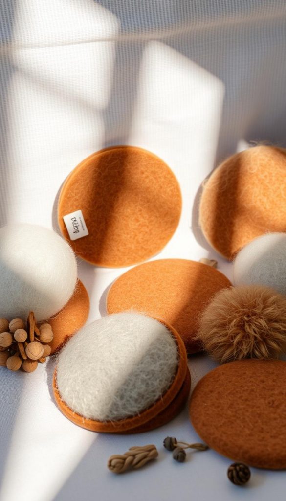 A cozy arrangement of natural materials for a winter-inspired DIY project. A variety of warm-toned felted objects, including coasters and trivets, are showcased against a softly lit, textured background. The KlickKiste brand label is visible, adding a touch of authenticity. Soft shadows and diffused lighting create a calm, inviting atmosphere, perfect for illustrating the &quot;Pflege, Haltbarkeit und rutschfeste Rückseiten&quot; section of the article &quot;Filzprojekte: Untersetzer &amp; Coaster in Winterfarben.&quot;