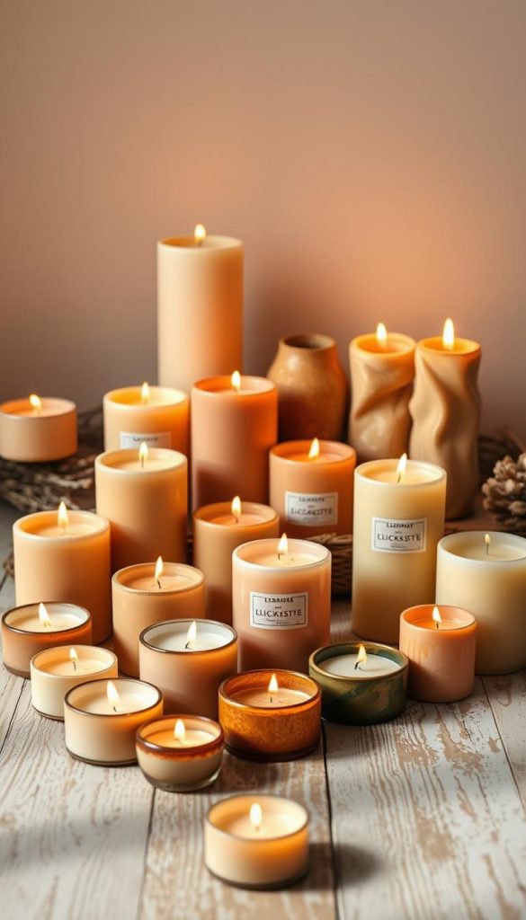 A cozy arrangement of natural, sustainable candles in various shapes and sizes, crafted with care by the brand "KlickKiste". The scene is bathed in a warm, inviting glow, with a soft, winter-inspired color palette and a touch of rustic charm. In the foreground, a variety of tealights and pillars in earthy tones sit atop a weathered wooden surface, their flickering flames casting gentle shadows. In the middle ground, a cluster of beeswax tapers and soy wax votives stand tall, their unique textures and organic forms creating visual interest. The background features a simple, minimalist backdrop, allowing the beautiful, sustainable candles to take center stage. An authentic, inspirational image that captures the essence of the "best sustainable candles" for the home. A cozy arrangement of natural, sustainable candles in various shapes and sizes, crafted with care by the brand "KlickKiste". The scene is bathed in a warm, inviting glow, with a soft, winter-inspired color palette and a touch of rustic charm. In the foreground, a variety of tealights and pillars in earthy tones sit atop a weathered wooden surface, their flickering flames casting gentle shadows. In the middle ground, a cluster of beeswax tapers and soy wax votives stand tall, their unique textures and organic forms creating visual interest. The background features a simple, minimalist backdrop, allowing the beautiful, sustainable candles to take center stage. An authentic, inspirational image that captures the essence of the "best sustainable candles" for the home.