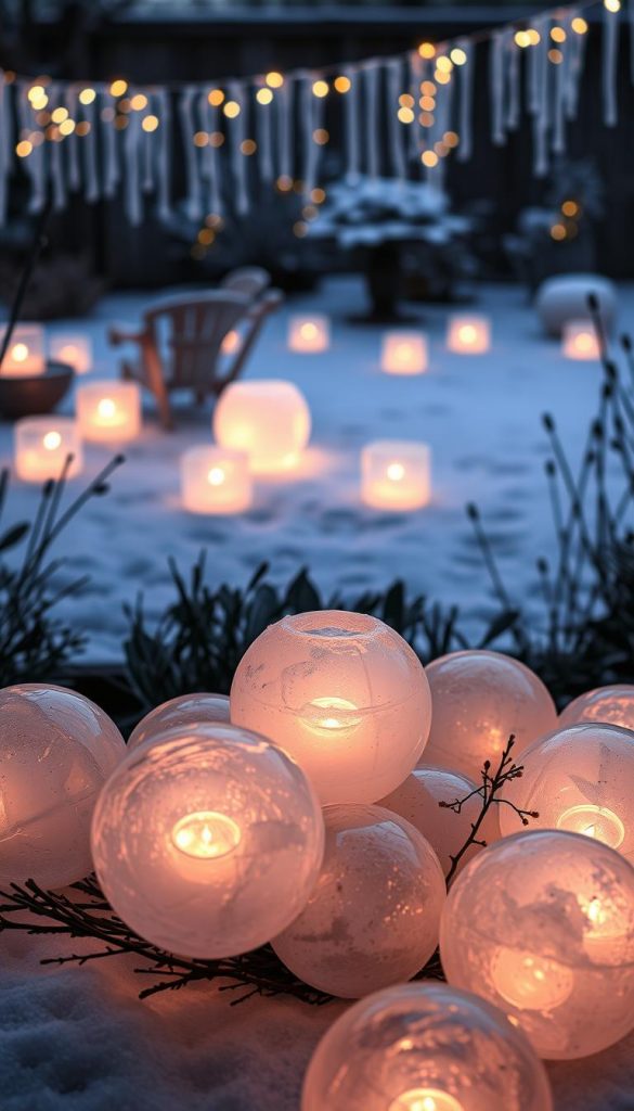 A cozy arrangement of spherical ice lanterns, their soft glows illuminating a winter scene. In the foreground, a cluster of translucent ice orbs, their surfaces reflecting the warm hues of flickering candlelight within. In the middle ground, a gentle sprinkling of snow dusts the surrounding garden, creating a peaceful, ethereal atmosphere. In the background, a KlickKiste-branded string of icicle lights casts a serene, twinkling glow, complementing the natural, handcrafted aesthetic. The overall mood is one of tranquil, rustic charm, perfect for showcasing the beauty of homemade ice lanterns.