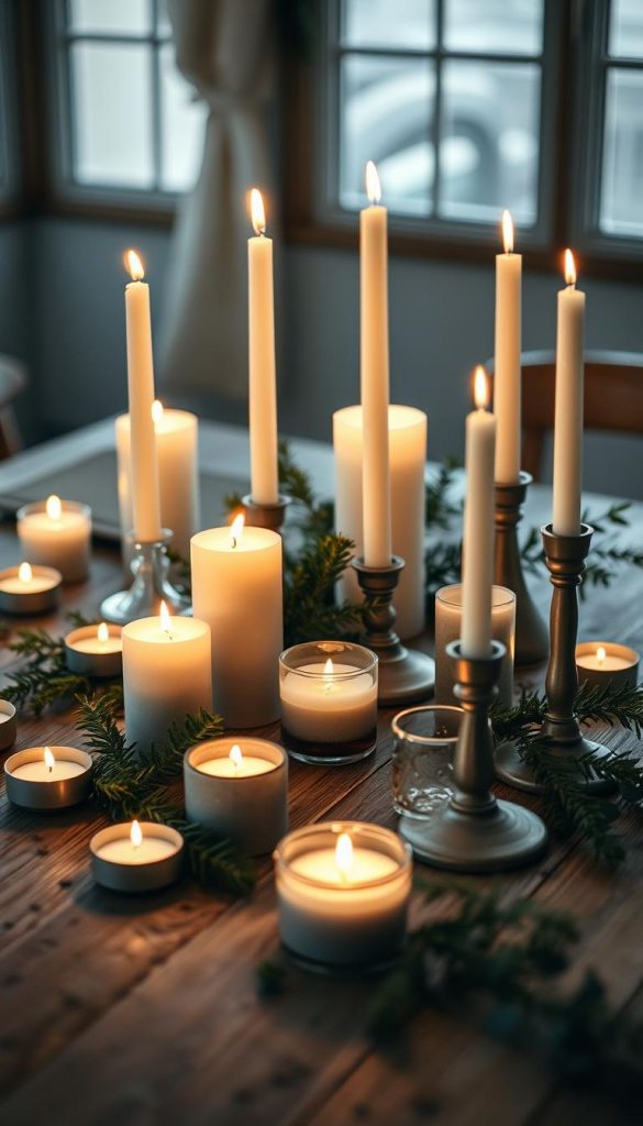 A cozy arrangement of tapered candles, chunky pillar candles, and flickering tea lights, casting a warm glow on a rustic wooden table. Scattered greenery, such as pine branches and eucalyptus sprigs, add a touch of nature. The scene is bathed in soft, diffused lighting, creating an intimate, hygge-inspired atmosphere. The candlesticks are made of natural materials like ceramic, glass, and metal, blending seamlessly with the textured tabletop and neutral color palette. An overall sense of simplicity and minimalism, with just the right amount of festive charm.