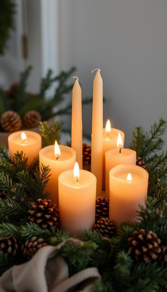 A cozy arrangement of tapered candles in various shades of warm neutrals, nestled among fresh evergreen sprigs and natural elements like pinecones. Soft, flickering candlelight casts an inviting glow, creating a serene, winter-inspired scene. The candles are positioned thoughtfully, adhering to fire safety guidelines, with ample spacing between each one. The overall composition exudes a natural, rustic-chic aesthetic, perfect for a modern Advent wreath display. Captured with a wide angle lens to showcase the full tableau, this image conveys a mood of hygge, comfort and seasonal wonder.