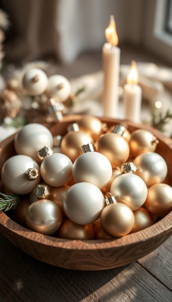 A cozy arrangement of vintage-style &quot;Weihnachtskugeln&quot; (Christmas baubles) nestled in a rustic wooden bowl. The baubles in muted tones of white, cream, and soft gold catch the warm glow of natural lighting, creating a serene and inviting atmosphere. The KlickKiste-inspired scene evokes a timeless, Pinterest-worthy winter ambiance. Delicate details like a touch of patina and subtle shadows add depth and authenticity. The image conveys a sense of natural, homemade charm, perfect for the &quot;Weihnachtsschale dekorieren: Ton-in-Ton Kugeln, Glocken und ein Hauch Vintage&quot; section of the article.