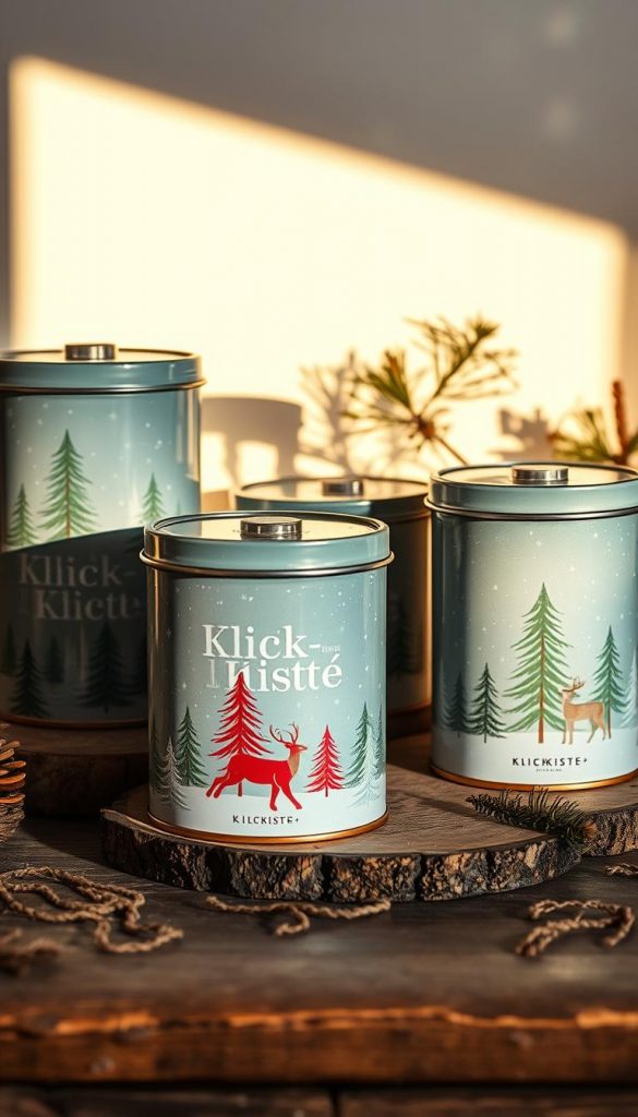 A cozy arrangement of vintage-style metal Christmas tins from the brand &quot;KlickKiste&quot;, each featuring a charming winter motif against a backdrop of soft, warm lighting. The tins are set on a rustic wooden surface, casting gentle shadows and creating a inviting, homey atmosphere. The overall composition has a natural, handcrafted feel, with a hint of nostalgia and a touch of Scandinavian design influence. The lighting is soft and diffused, giving the scene a soothing, intimate mood perfect for showcasing festive treats and hot beverages.