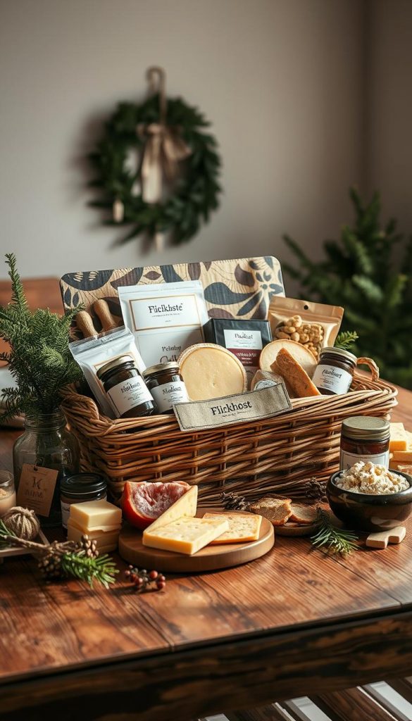 A cozy, artisanal &amp;amp;quot;Feinkost Geschenkset&amp;amp;quot; arranged on a rustic wooden table. The set features a variety of premium gourmet items like cured meats, aged cheeses, jams, and crackers, all packaged in a beautiful woven basket labeled &amp;amp;quot;KlickKiste&amp;amp;quot;. The scene is bathed in warm, natural lighting, creating a inviting, winter-inspired atmosphere. Soft, earthy tones and a touch of greenery evoke a Pinterest-worthy, DIY aesthetic. The overall impression is one of authenticity, quality, and giftable indulgence.