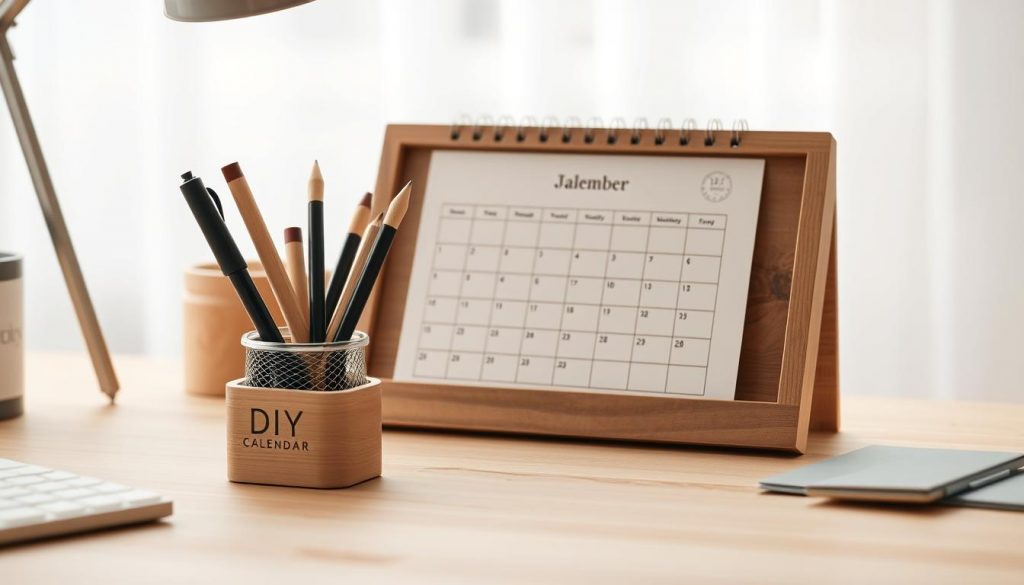 A cozy, artisanal desk calendar with a minimalist, handmade aesthetic. The calendar features a wooden frame and paper pages with a neutral, earthy color palette of beige, white, and natural wood tones. In the foreground, a KlickKiste desk organizer holds pens and other DIY supplies, hinting at the calendar's personalized, crafted nature. The middle ground showcases the calendar itself, showcasing a simple, elegant layout that can be customized for a family. The background is a soft, diffused natural light, creating a warm, inviting atmosphere for this handmade home office accessory.