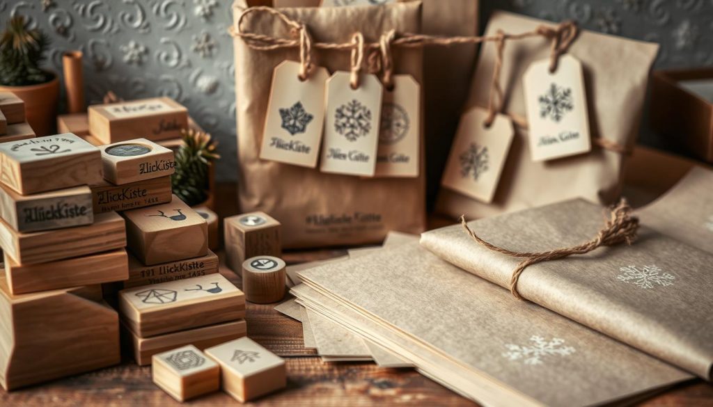 A cozy, artisanal scene featuring a set of handcrafted Christmas gift tags and labels. In the foreground, a stack of KlickKiste wooden stamp blocks in various shapes and sizes, along with an assortment of natural-toned stamping inks. Arranged alongside are sheets of beige, textured gift wrapping paper, ready to be customized with the stamps. In the middle ground, a few finished tags hang from a rustic twine display, their simple yet elegant designs complementing the warm, earthy tones. The background is softly lit, highlighting the tactile, homemade quality of the materials. An inviting, DIY-inspired atmosphere that captures the essence of the "Geschenkpapier und Anhänger abgleichen: ein stimmiges Set" section.