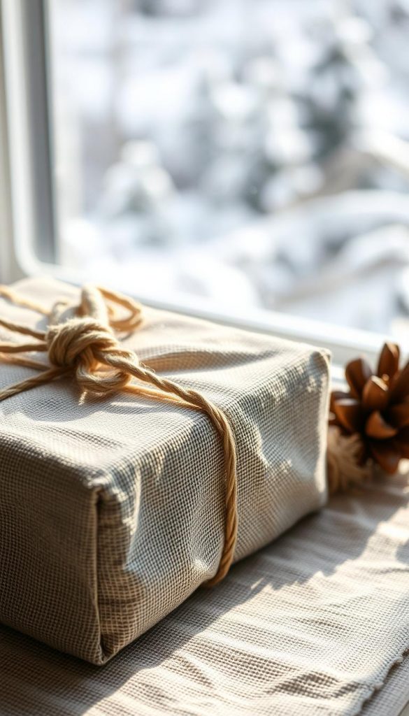 A cozy, artisanal scene of an anti-slip &amp;quot;KlickKiste&amp;quot; packaging solution. Soft, natural lighting illuminates the muted hues of a textured, woven fabric. Delicate folds and bunches create subtle shadows, hinting at the packaging's tactile qualities. The fabric's pattern is simple yet visually interesting, reflecting a handmade, rustic aesthetic. In the background, a blurred winter landscape provides a serene, pine-scented ambiance. The overall composition conveys a sense of warmth, coziness, and thoughtful, eco-friendly gift-wrapping.