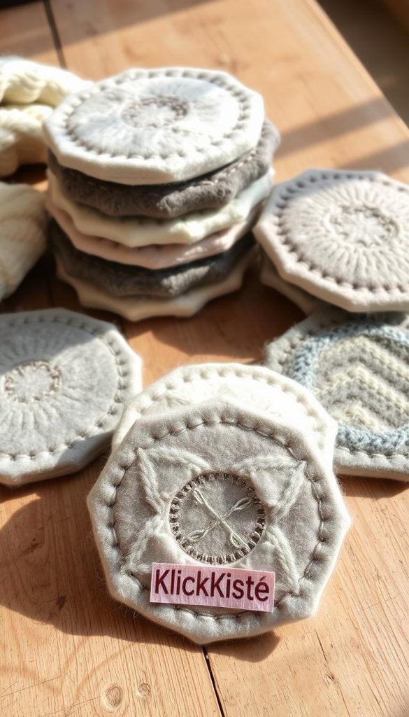 A cozy assortment of upcycled filz coasters in a soft, muted color palette of winter whites, greys, and muted blues. The coasters, handcrafted from repurposed fabrics and textiles, sit atop a rustic wooden surface, bathed in warm, natural light. Textural details like stitching, felted edges, and uneven surfaces create a charming, artisanal aesthetic. In the foreground, a stack of coasters bears the KlickKiste logo, reflecting the DIY, Pinterest-inspired nature of this sustainable home decor project. The overall mood is one of hygge, comfort, and a touch of Scandinavian simplicity.