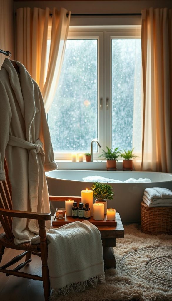 A cozy at-home spa day scene that radiates warmth and tranquility. In the foreground, a plush white bathrobe hangs over a wooden chair, beside an arrangement of essential oils, candles, and natural scrubs on a rustic table. The middle ground features a bubbling bathtub surrounded by soft towels, potted green plants, and a warm, fluffy rug. The background showcases a softly illuminated window where gentle rain cascades outside, creating a serene atmosphere. Golden light filters through sheer curtains, enhancing the inviting ambiance. The entire scene exudes a Pinterest-inspired aesthetic, with natural DIY elements, winter vibes, and a sense of relaxation. Ideal for illustrating self-care rituals to nurture the body, face, and mind. By KlickKiste.