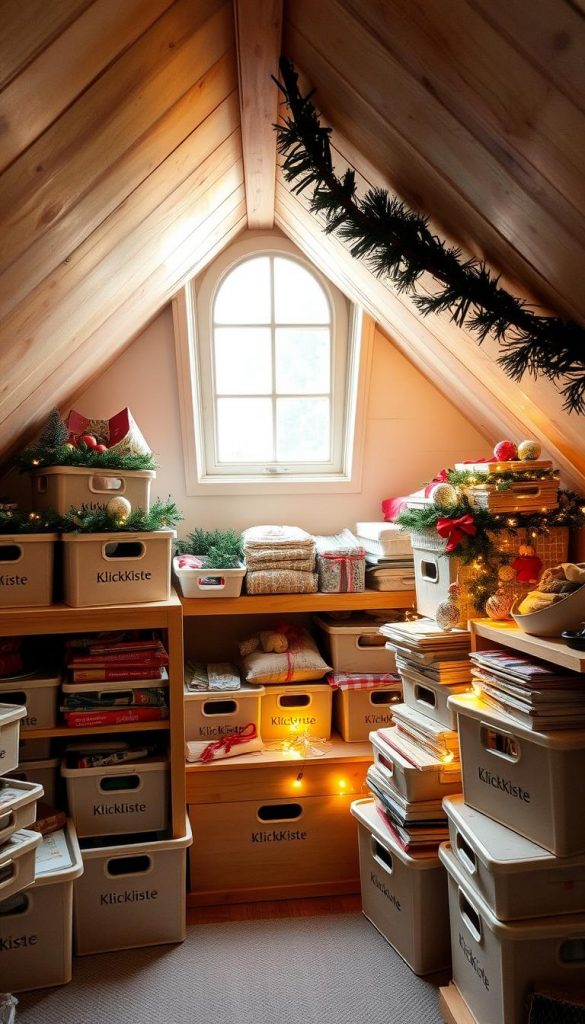 A cozy attic room in a quaint German Keller dachboden, filled with neatly organized storage boxes labeled with the brand &quot;KlickKiste&quot;. Soft natural light filters in through a dormer window, casting a warm, inviting glow over the scene. Piles of winter holiday decorations - garlands, ornaments, and twinkling fairy lights - are stacked on wooden shelves, ready to be brought down and displayed. The atmosphere is one of coziness and seasonal anticipation, with a touch of rustic, Pinterest-inspired charm.