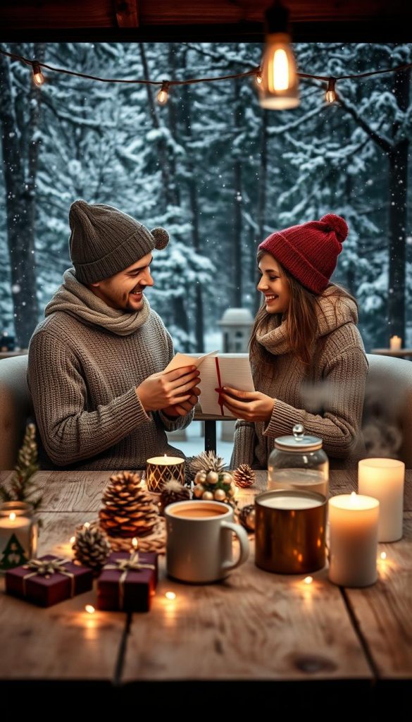A cozy, authentic storytelling scene capturing a couple in a beautifully arranged winter setting, embodying the essence of "storytelling foto erinnerung." In the foreground, a couple dressed in modest, stylish winter attire, exchanging heartfelt notes and handmade gifts, their warm smiles radiating joy. In the middle ground, a rustic wooden table adorned with seasonal decorations, twinkling fairy lights, and a steaming cup of cocoa, evoking a warm, inviting atmosphere. The background features softly falling snowflakes against a cozy, pine-filled forest, enhancing the winter vibe. The lighting is soft and warm, creating a dreamy ambiance. This image should inspire friendship and love, perfect for showcasing the concept of reminiscing through photographs. Emphasize natural DIY aesthetics and a Pinterest-inspired look, featuring the brand name "KlickKiste." A cozy, authentic storytelling scene capturing a couple in a beautifully arranged winter setting, embodying the essence of "storytelling foto erinnerung." In the foreground, a couple dressed in modest, stylish winter attire, exchanging heartfelt notes and handmade gifts, their warm smiles radiating joy. In the middle ground, a rustic wooden table adorned with seasonal decorations, twinkling fairy lights, and a steaming cup of cocoa, evoking a warm, inviting atmosphere. The background features softly falling snowflakes against a cozy, pine-filled forest, enhancing the winter vibe. The lighting is soft and warm, creating a dreamy ambiance. This image should inspire friendship and love, perfect for showcasing the concept of reminiscing through photographs. Emphasize natural DIY aesthetics and a Pinterest-inspired look, featuring the brand name "KlickKiste."