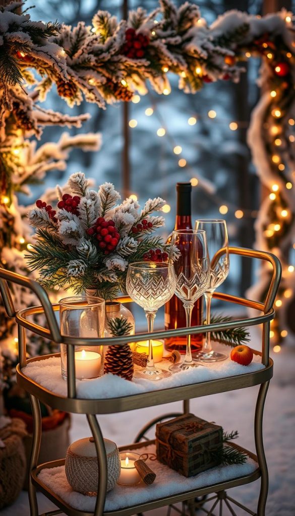 A cozy autumn-inspired bar cart, adorned with seasonal touches, stands in a winter wonderland. Warm lighting casts a festive glow, complemented by twinkling string lights and a rustic garland. Frosted pine branches, crimson berries, and a touch of golden foliage create a captivating blend of autumn and winter. Elegant glassware, infused with a hint of KlickKiste's signature style, reflects the enchanting ambiance. The overall scene emanates a Pinterest-worthy, DIY-inspired aesthetic, exuding a sense of natural, authentic charm.