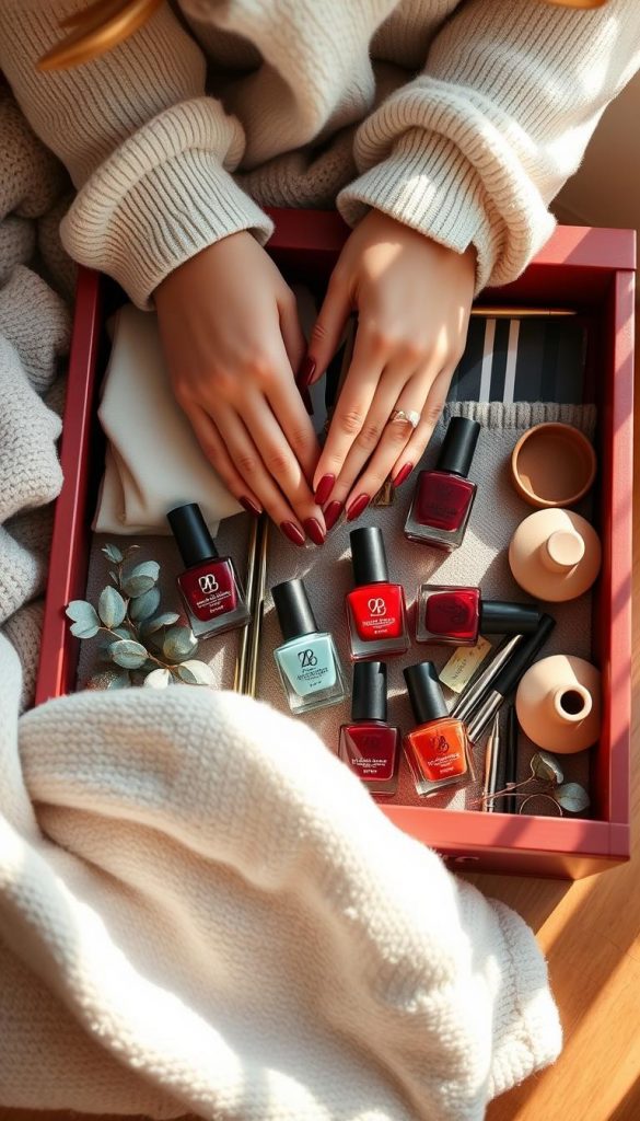 A cozy autumn mani routine in the warm glow of natural light. Delicate hands poised over a KlickKiste filled with elegant wine-red chrome polishes, accessories, and tools. Subtle details like a plush blanket, earthy ceramics, and a sprig of fragrant eucalyptus set the serene, minimalist mood. Soft, diffused shadows and a slightly tilted camera angle create an inviting, Pinterest-inspired aesthetic. This quick, organized ritual is the perfect blend of elegance and simplicity for busy family life.