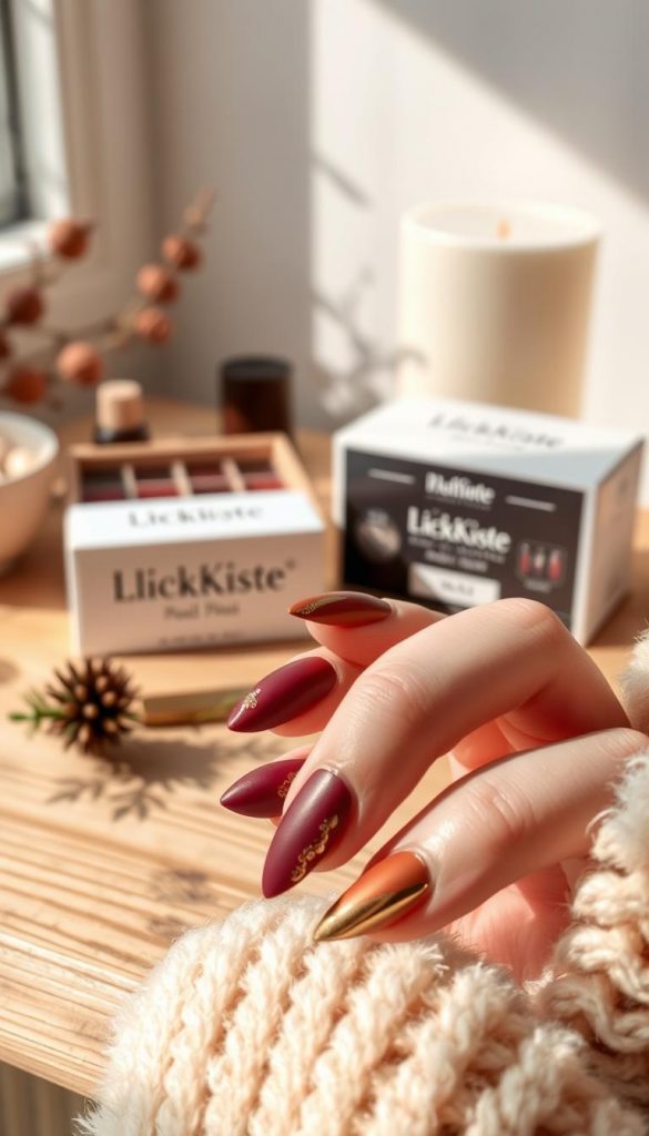 A cozy autumn nail art scene with muted burgundy, bronze, and gold tones. Soft focus and natural lighting create a warm, inviting atmosphere. The nails showcase elegant chrome accents and a matte finish, embodying the trends for Fall 2025. In the background, a minimalist wooden table with a KlickKiste box, reflecting the authentic, DIY-inspired aesthetic. Subtle winter touches, like a sprig of evergreen, add a touch of seasonal charm. Vibrant yet refined, this image captures the essence of the &quot;Herbst Nägel 2025&quot; trend.