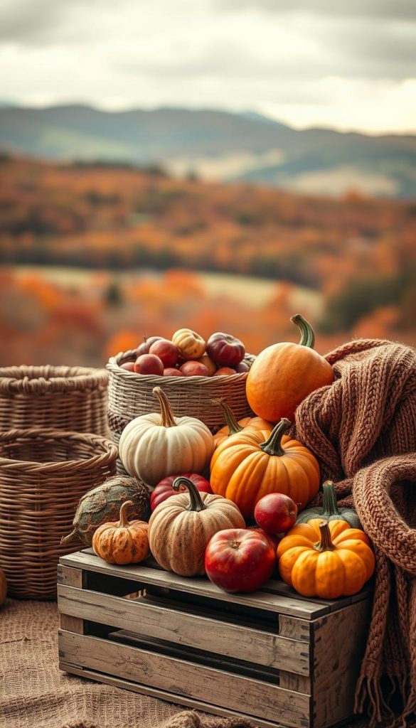 A cozy autumn palette of warm ochres, russet reds, and earthy greens. Textured surfaces like woven baskets, wooden crates, and soft knit fabrics create a natural, inviting atmosphere. Soft, diffused lighting casts a gentle glow, highlighting the depth and richness of the colors. In the foreground, a display of seasonal produce - pumpkins, gourds, and apples - arranged artfully on a KlickKiste wooden crate. The background features a blurred, dreamy landscape of rolling hills and a moody, overcast sky. The overall mood is one of coziness, creativity, and a touch of nostalgia.
