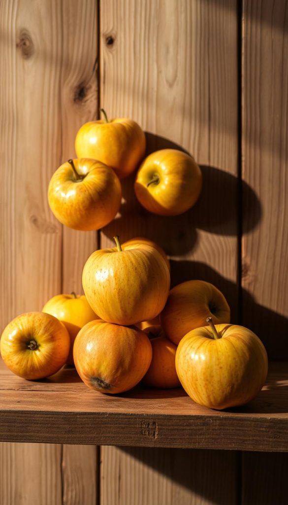 A cozy autumn scene featuring a rustic wooden shelf displaying a bountiful harvest of crisp, golden-hued apples. The apples are arranged artfully, casting warm shadows on the textured wood grain. The lighting is soft and diffused, creating a serene, intimate atmosphere. The overall composition has a natural, earthy feel, evoking a sense of gratitude and abundance. The image exudes a soothing, Hygge-inspired ambiance, perfect for capturing the essence of an autumnal kitchen or dining space.